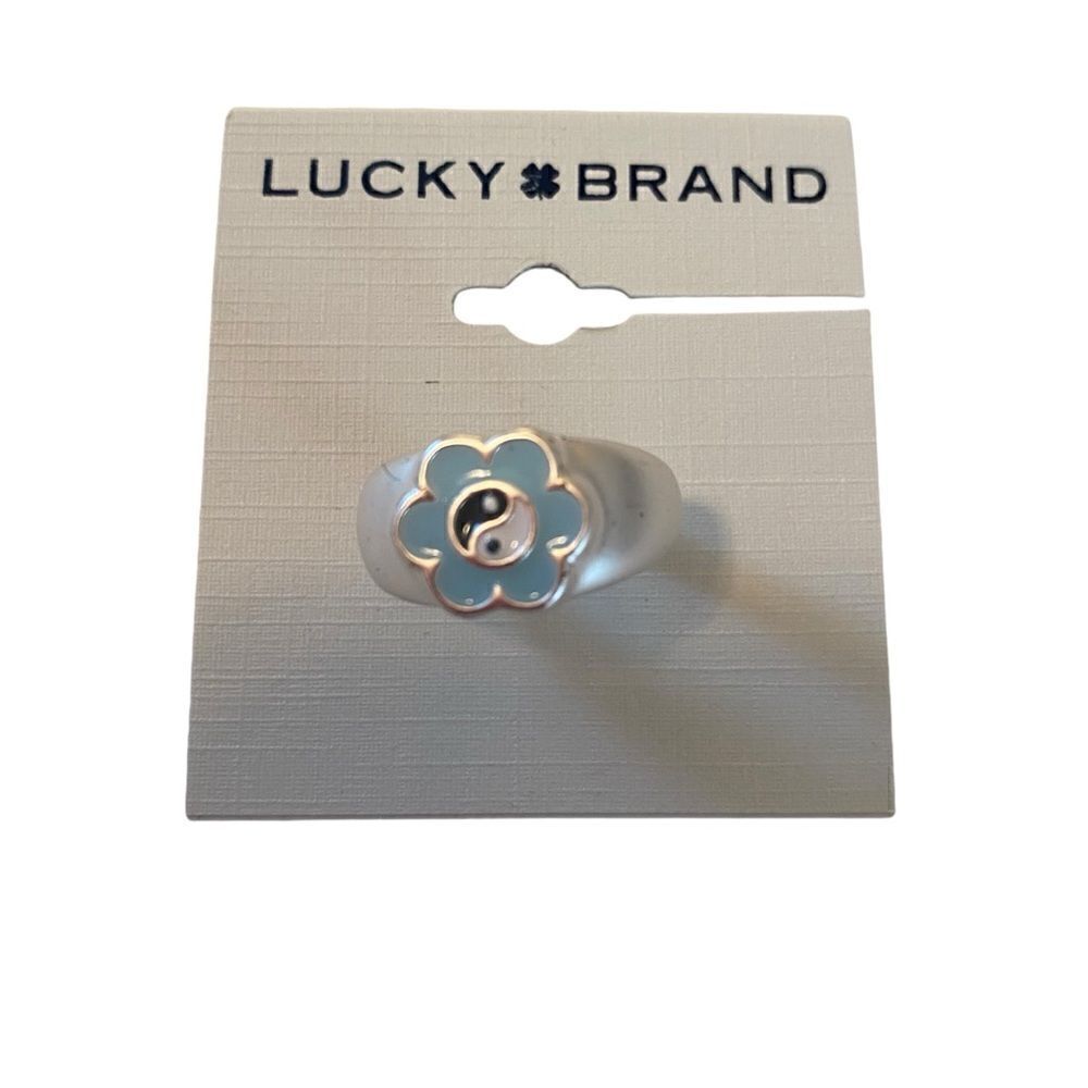 Gorgeous Silvertone & Light Blue Flower Yin-Yang Ring Size 7